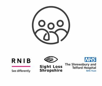 Support Service featuring a round icon depicting three people, the RNIB, Sight Loss Shropshire and Shrewsbury & Telford Hospitals NHS Trust logos