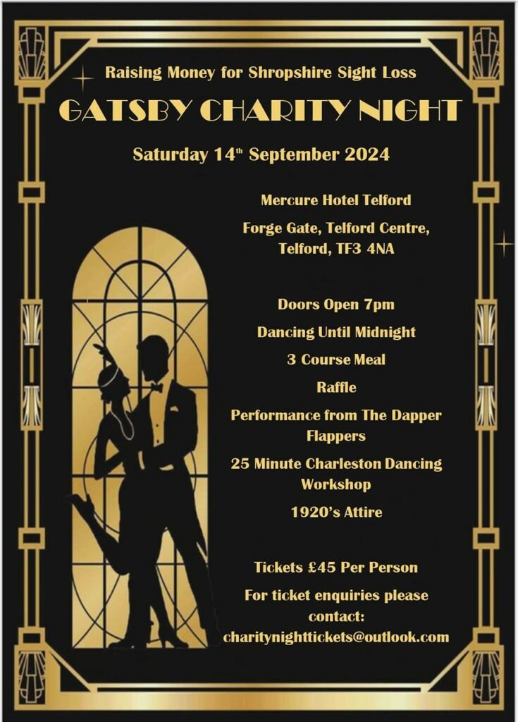 The event poster features a sleek black background with gold detailing, highlighting the event information, and a silhouette of a couple from the 1920s.