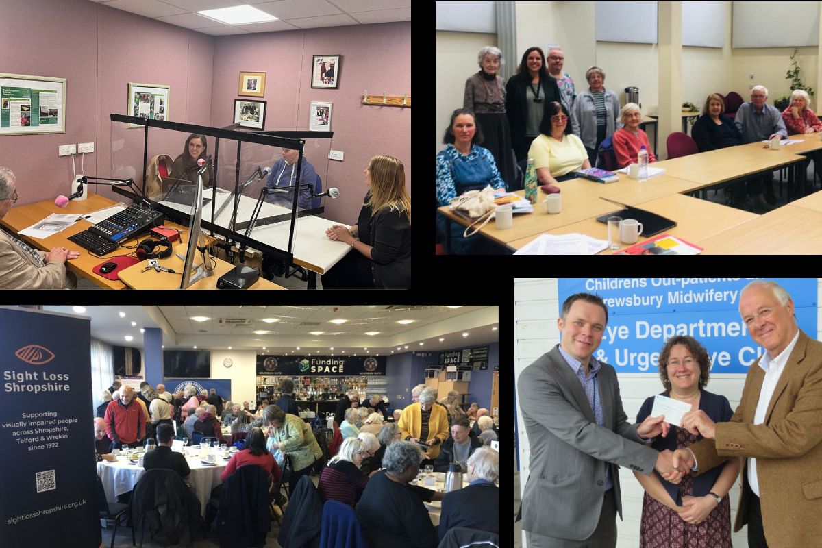 Sight Loss Shropshire Birthday Image collage of SLS staff promoting the charity's work, delivering training courses and events.
