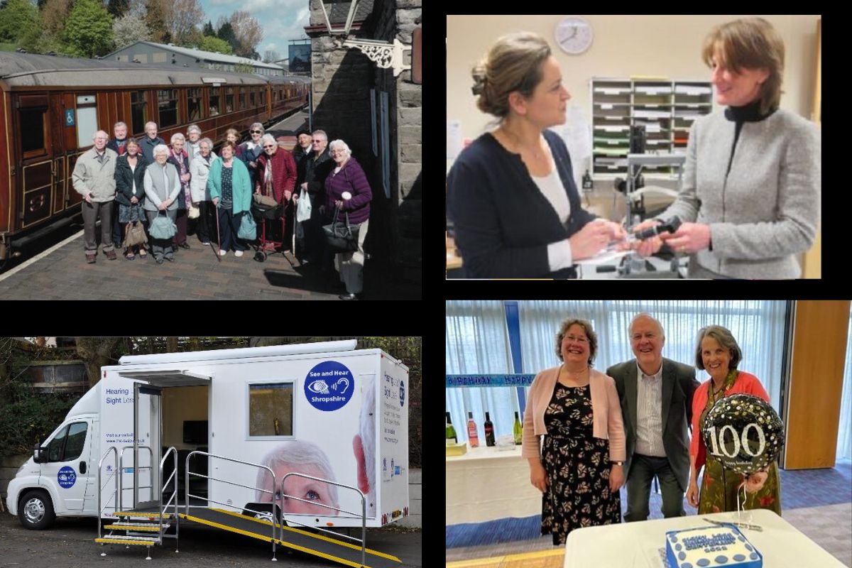 Sight Loss Shropshire History Image collage of people enjoying activities, the See Hear van, donations of optical equipment and the charity's centenary celebrations.