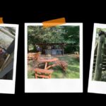 Woodfire cooking, outdoor seating in forest setting, climbing activities.