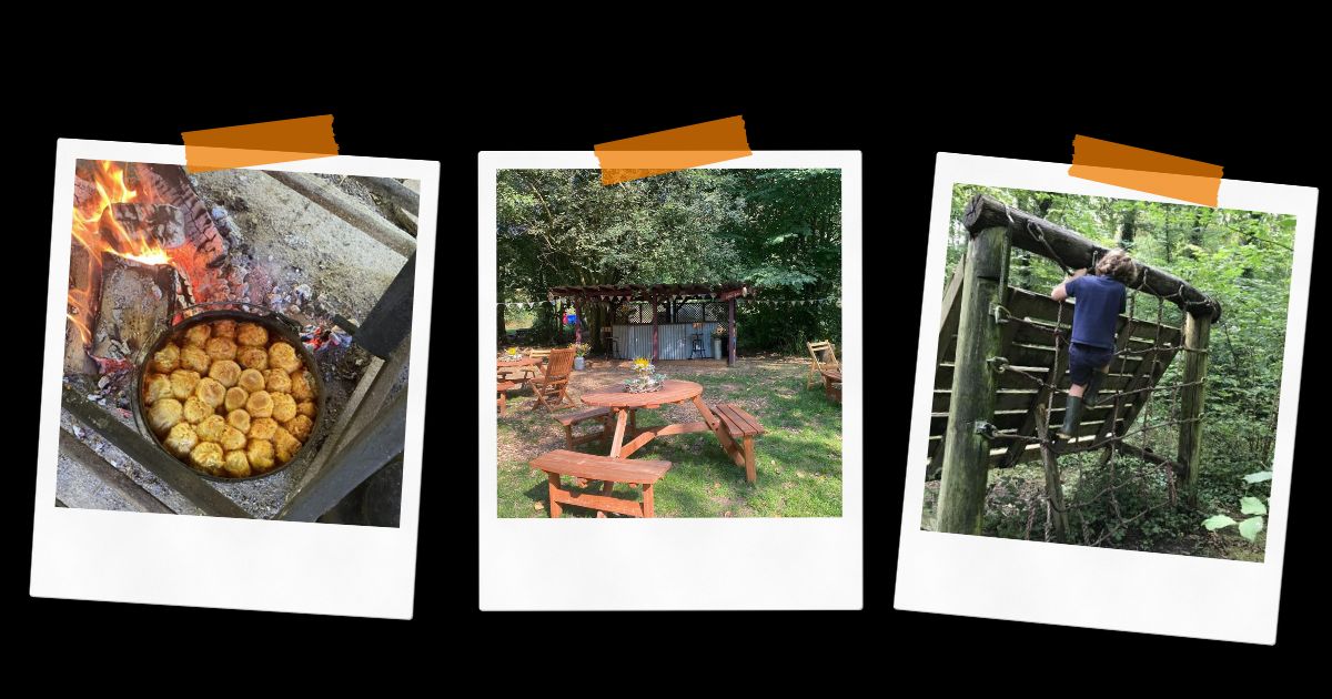 Outdoor Activities Woodfire cooking, outdoor seating in forest setting, climbing activities.