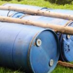 Raft made from barrels, wood and rope