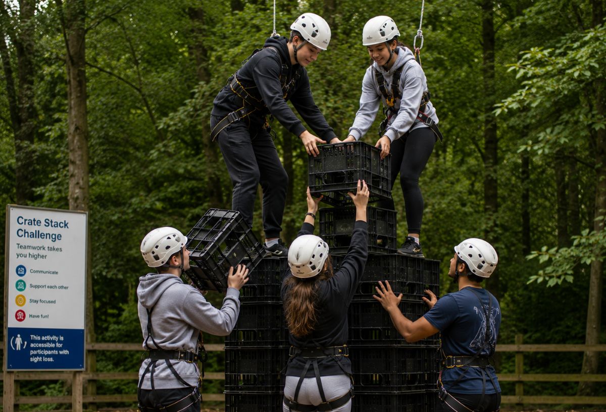 Young people taking part in a crate stack challenge activity in woodland, working in a team to build and balance on a rising tower of crates while wearing safety harnesses.