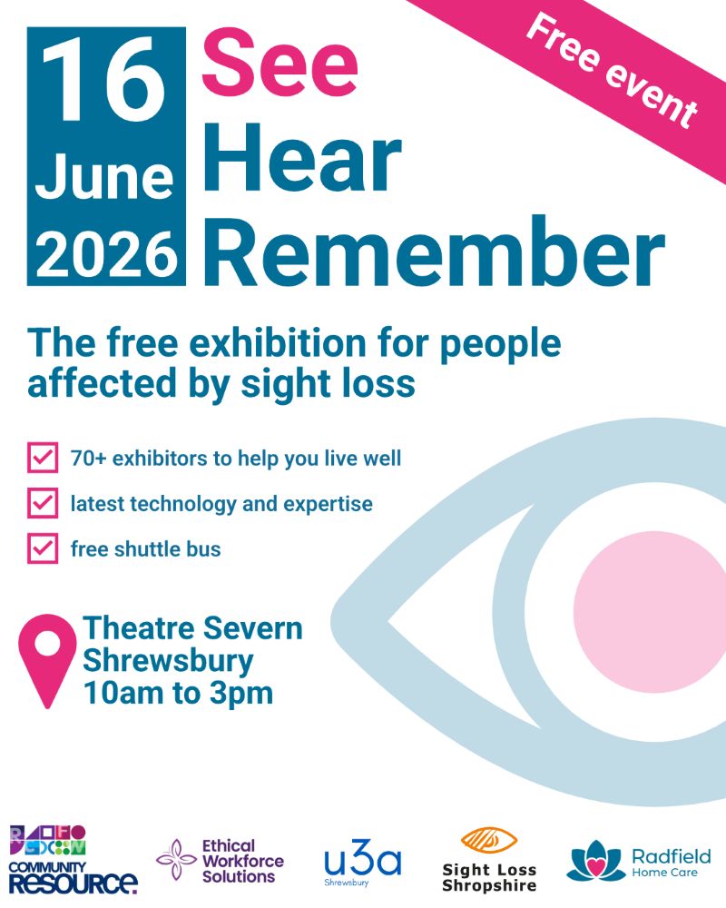 Graphic showing the See Hear Remember title with the date 16 June 2026, text highlighting event details: free event, free shuttle bus, latest tech & expertise, 70+ exhibitors.
