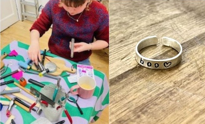 Person using jewellery tools, and a finished silver ring