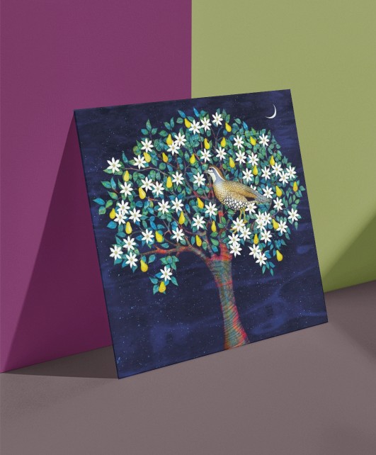 Painting of partridge in a pear tree on a Christmas card