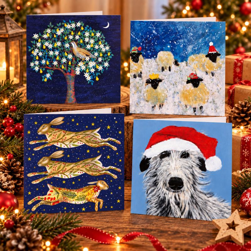 Christmas Cards 2026 Four festive card designs featuring a dog, sheep, partridge and hares.