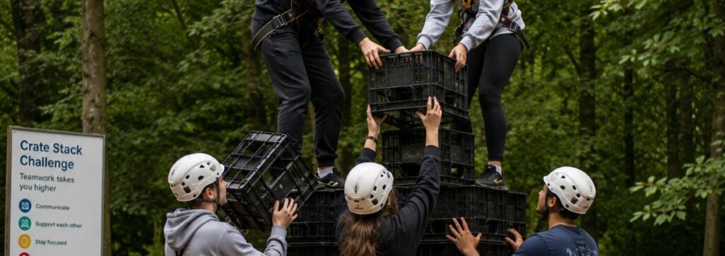 Young people taking part in a crate stack challenge activity in woodland, working in a team to build and balance on a rising tower of crates while wearing safety harnesses.