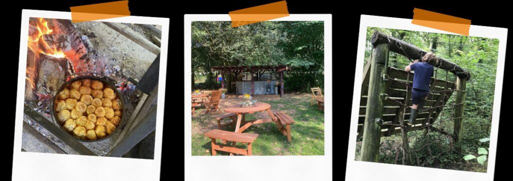 Woodfire cooking, outdoor seating in forest setting, climbing activities.