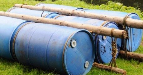 Raft made from barrels, wood and rope