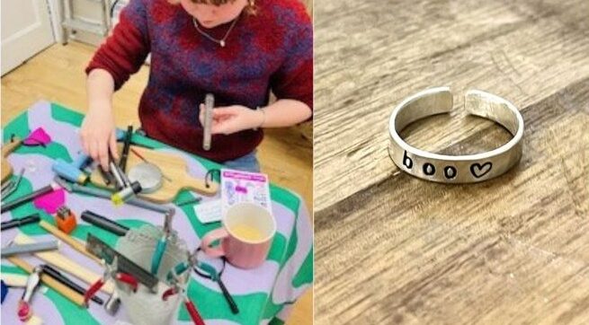 Person using jewellery tools, and a finished silver ring